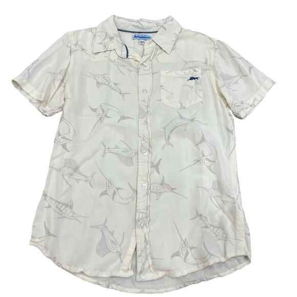 Tommy Bahama Boys Linen Ivory Fish Button Down Top Youth 10/12 - Picture 1 of 3